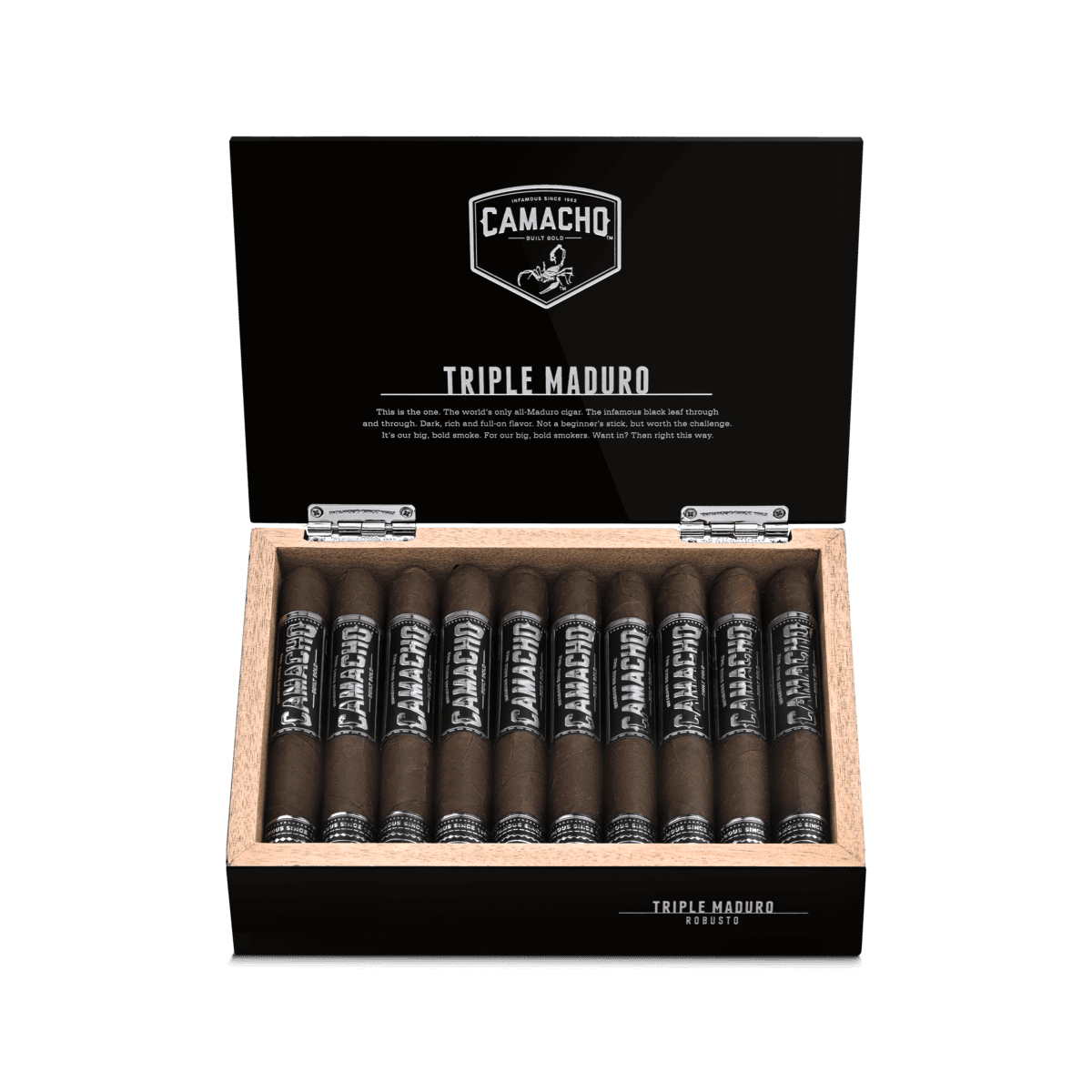 Camacho Triple Maduro Robusto open Box of 20 cigars
