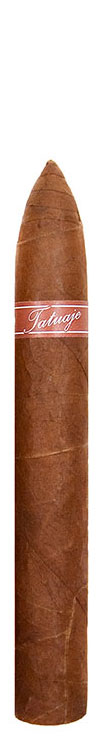 Vertical product shot of a Tatuaje Seleccion de Cazador tapered (torpedo) cigar with a red "Tatuaje" band.