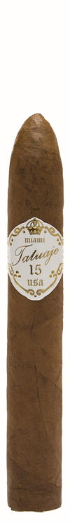 Torpedo-shaped Tatuaje 15th Anniversary cigar with white band reading "Tatuaje 15 usa".