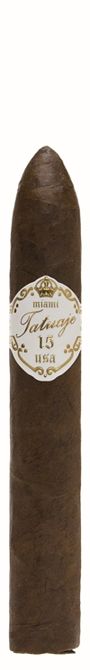 Torpedo-shaped Tatuaje 15th Anniversary cigar with white band reading "Tatuaje 15 usa".
