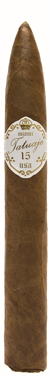 Torpedo-shaped Tatuaje 15th Anniversary cigar with white band reading 'Tatuaje 15'.