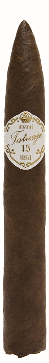 Torpedo-shaped Tatuaje 15th Anniversary cigar with white band reading 'Tatuaje 15'.
