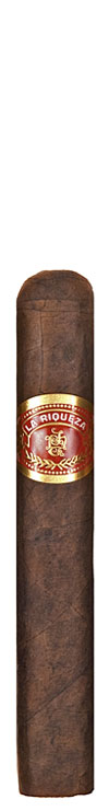 Single La Riqueza cigar with red and gold band on white background