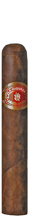La Riqueza single cigar with red and gold band on dark wrapper.