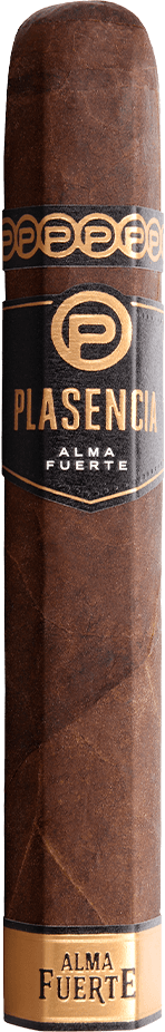 Plasencia Alma Fuerte cigar showing main black-and-gold Plasencia band and Alma Fuerte foot band on a brown wrapper