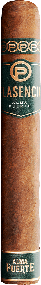 Plasencia Alma Fuerte cigar showing main green-and-gold Plasencia band and Alma Fuerte foot band on a brown wrapper