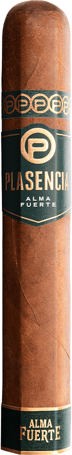 Front-facing Plasencia Alma Fuerte cigar with visible Plasencia band and 'Alma Fuerte' foot band.
