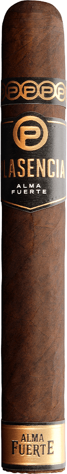 Single Plasencia Alma Fuerte cigar with visible Plasencia band and gold 'Alma Fuerte' foot band.
