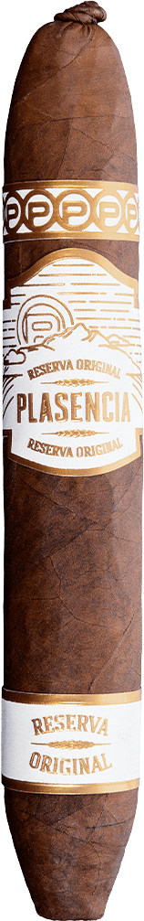 Plasencia Reserva Original cigar with gold-and-white bands reading 'Plasencia' and 'Reserva Original.'