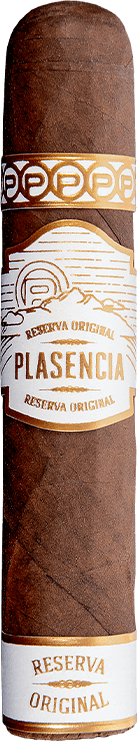 Plasencia Reserva Original cigar with white and gold bands reading 'Plasencia' and 'Reserva Original'.