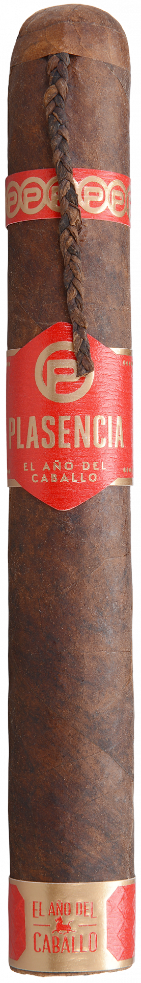 Plasencia El Año del Caballo cigar with red bands and a braided tobacco strip, full-length product image