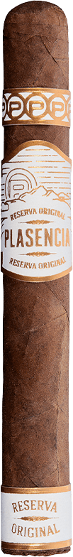 Plasencia Reserva Original cigar with white-and-gold bands on a brown wrapper