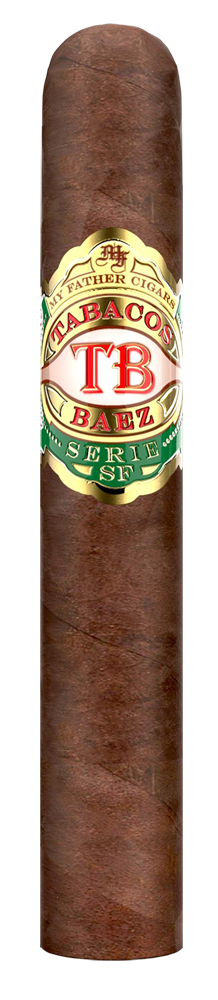 Tabacos Baez Serie SF cigar showing wrapper and a gold/green band reading 'TB', 'Tabacos Baez' and 'Serie SF'.