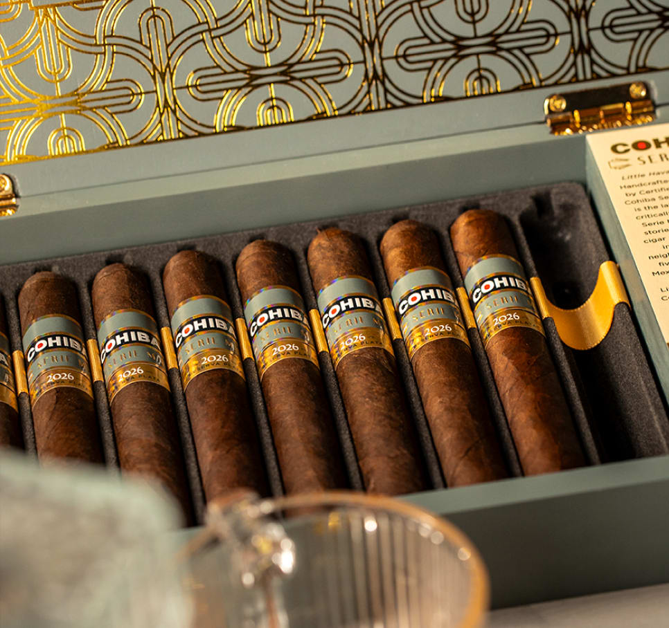 Cohiba Serie M cigars in a presentation box showing Cohiba bands and packaging