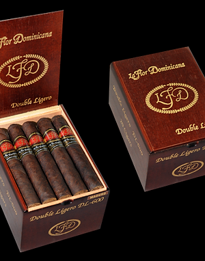 La Flor Dominicana Double Ligero wooden box with open box of cigars and closed box lid showing the line name