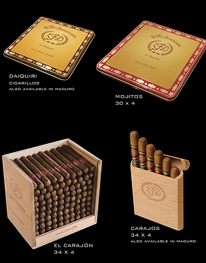 La Flor Dominicana little cigars and packaging showing Daiquiri, Mojitos, El Carajón and Carajos on a black background