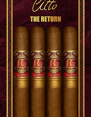 Five La Flor Dominicana Litto Gomez cigars with red-and-gold 'LG' bands arranged vertically.