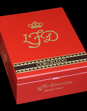 Red La Flor Dominicana Coronado presentation box with gold LFD logo and a black-and-gold band reading 'CORONADO'