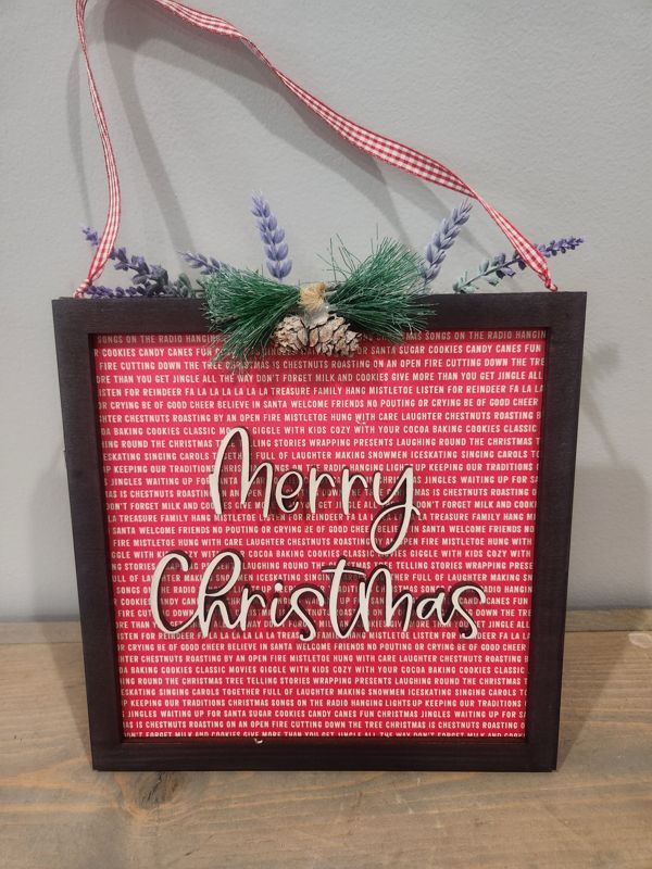 MERRY CHRISTMAS SIGN WITH RED PATTERNED BACKGROUND