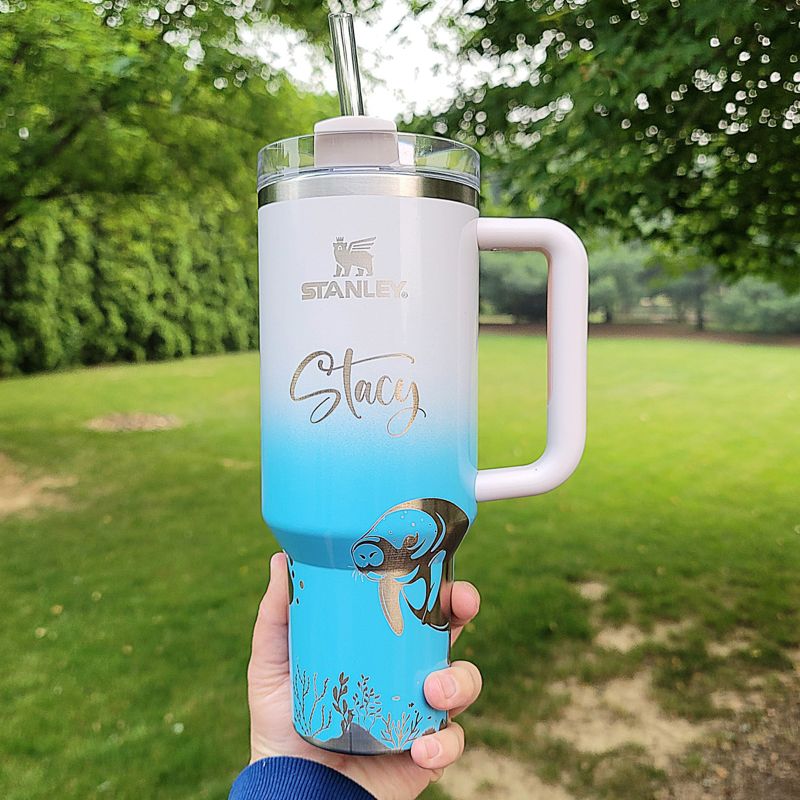 Manatee Stanley, Engraved 40 oz Tumbler, Ocean Stanley, Engraved Full Wrap, Stanley Sea, Quencher H2.0, **FREE KEYCHAIN** (30oz Charcoal H2.0, Manatee Only)