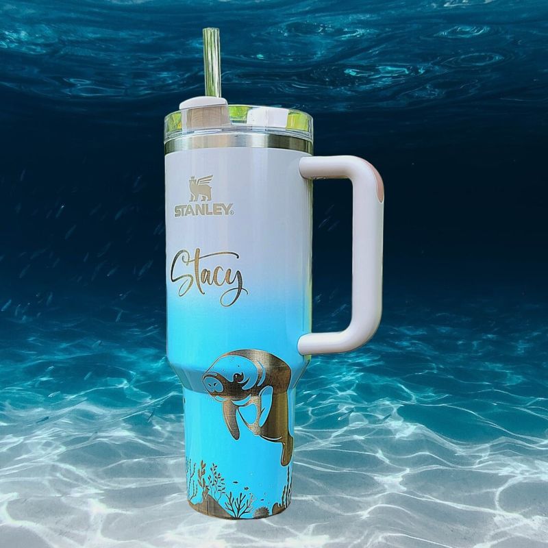 Manatee Stanley, Engraved 40 oz Tumbler, Ocean Stanley, Engraved Full Wrap, Stanley Sea, Quencher H2.0, **FREE KEYCHAIN** (30oz Charcoal H2.0, Manatee Only)