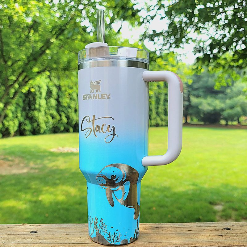 Manatee Stanley, Engraved 40 oz Tumbler, Ocean Stanley, Engraved Full Wrap, Stanley Sea, Quencher H2.0, **FREE KEYCHAIN** (30oz Charcoal H2.0, Manatee Only)