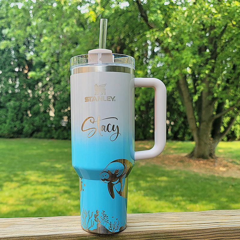 Manatee Stanley, Engraved 40 oz Tumbler, Ocean Stanley, Engraved Full Wrap, Stanley Sea, Quencher H2.0, **FREE KEYCHAIN** (30oz Charcoal H2.0, Manatee Only)