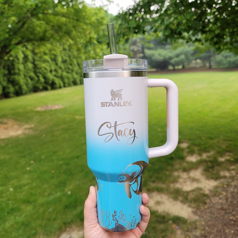 Manatee Stanley, Engraved 40 oz Tumbler, Ocean Stanley, Engraved Full Wrap, Stanley Sea, Quencher H2.0, **FREE KEYCHAIN** (30oz Charcoal H2.0, Manatee Only)