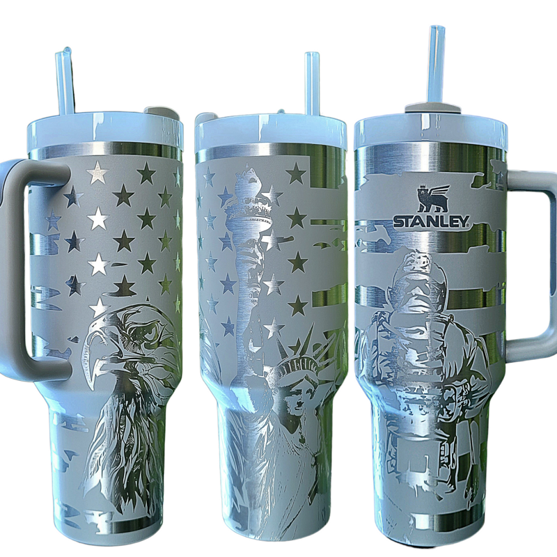 Patriot Liberty Tumbler, Military Engraved Stanley, Liberty Design, American Flag Stanley, Eagle Stanley, Statue of Liberty Stanley, Dog Tag (Black 2 H2.0, Liberty Only)