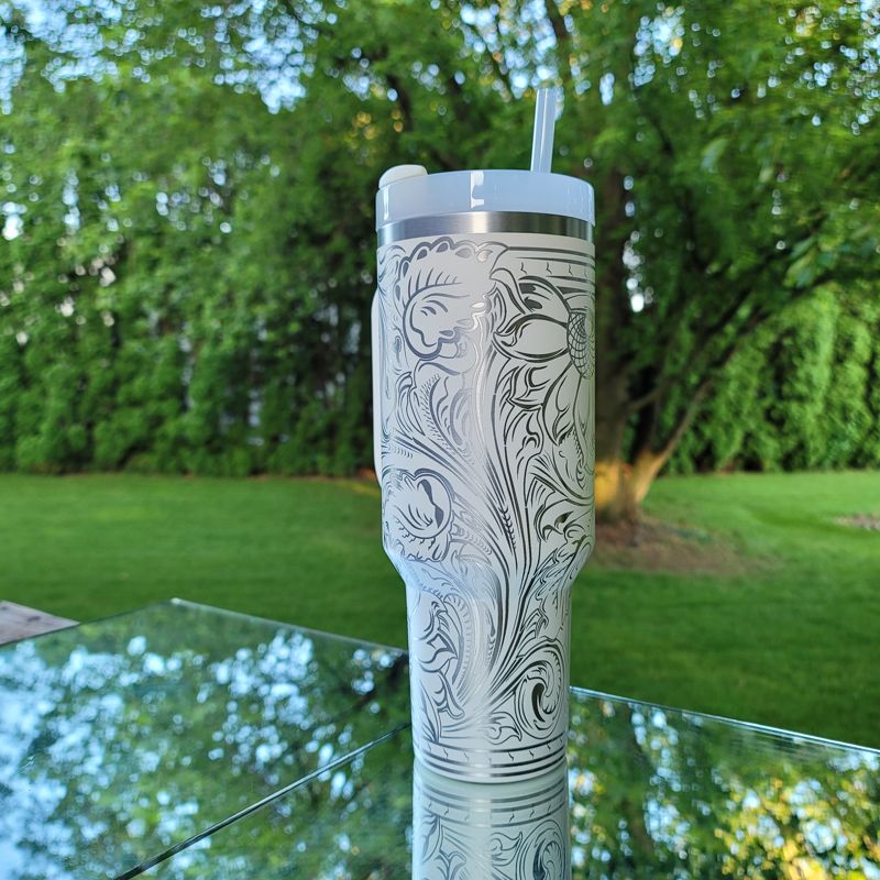 Tooled Leather Sunflower Stanley, Western Themed Stanley (30oz Fog H2.0, Design Only )