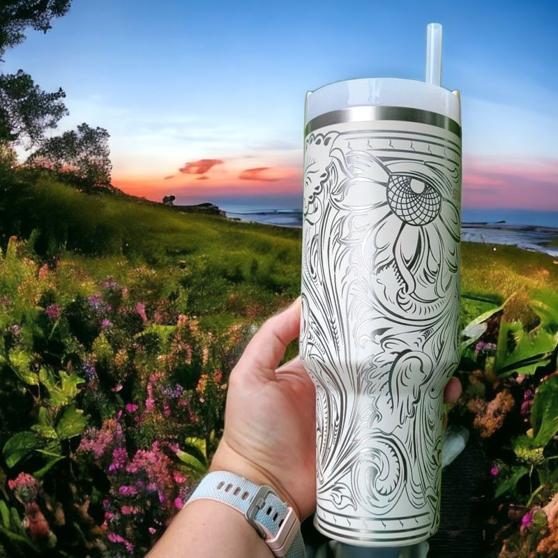 Tooled Leather Sunflower Stanley, Western Themed Stanley (30oz Fog H2.0, Design Only )