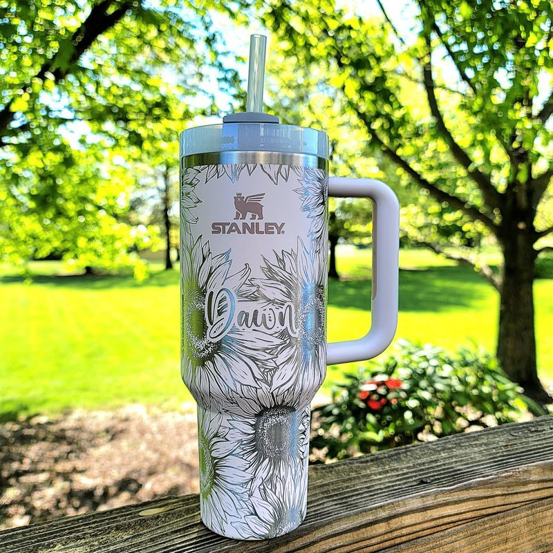 Sunflower Stanley, **FREE KEYCHAIN, Engraved 40 oz Tumbler, Engraved Stanley, Full Wrap, Sunflower, Quencher H2.0, Personalized Stanley (Fog H2.0, Sunflower w Name)