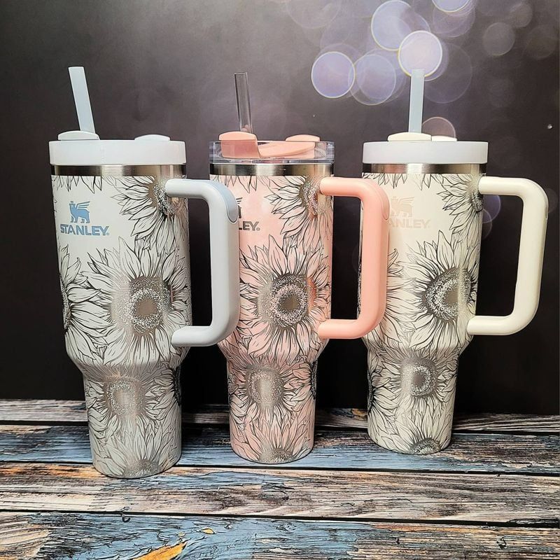 Sunflower Stanley, **FREE KEYCHAIN, Engraved 40 oz Tumbler, Engraved Stanley, Full Wrap, Sunflower, Quencher H2.0, Personalized Stanley (Iris H2.0, Sunflower Only)