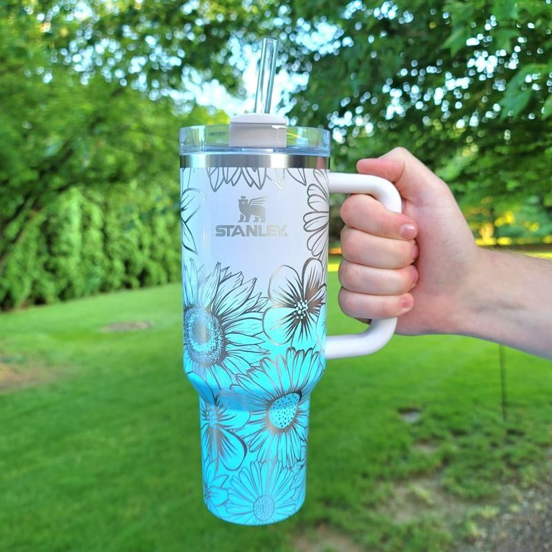 Sunflower Stanley, **FREE KEYCHAIN, Engraved 40 oz Tumbler, Engraved Stanley, Full Wrap, Sunflower, Quencher H2.0, Personalized Stanley (Iris H2.0, Wildflower Only)
