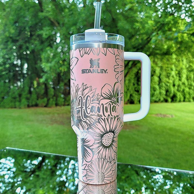 Sunflower Stanley, **FREE KEYCHAIN, Engraved 40 oz Tumbler, Engraved Stanley, Full Wrap, Sunflower, Quencher H2.0, Personalized Stanley (Pool Ombre H2.0, Wildflower w Name)
