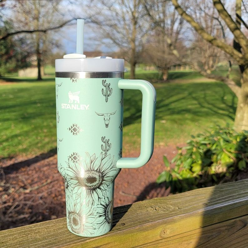 Sunflower Aztec Stanley, **FREE KEYCHAIN, Engraved 40 oz Tumbler, Engraved Stanley, Full Wrap, Sunflower, Aztec Stanley (30oz Fog, Aztec Only)