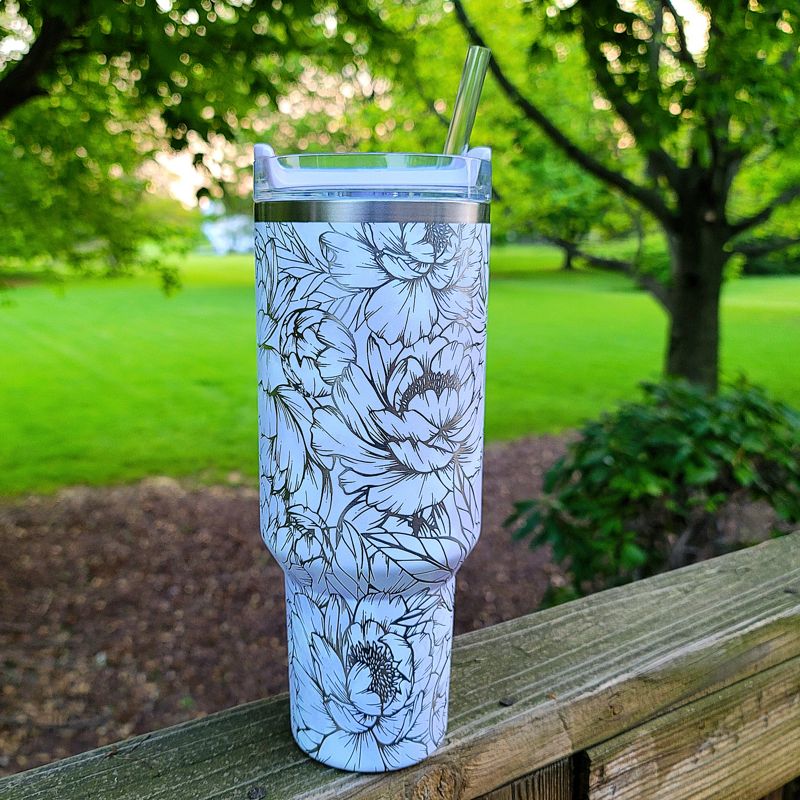 Peony Stanley, **FREE KEYCHAIN, Engraved 40 oz Tumbler, Engraved Stanley, Full Wrap, Peonies, Personalized Stanley (30oz Fog H2.0, Peony)