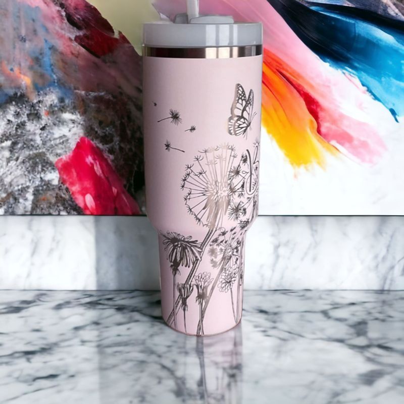 Dandelion Stanley, Butterfly Stanley, Engraved 40 oz Tumbler, Quencher H2.0, Personalized Stanley, Flower Tumbler (30oz Fog, Dandelion Only)