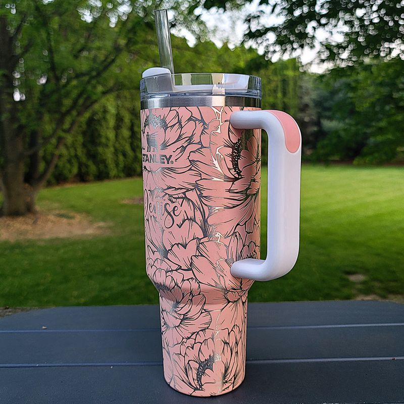 Peony Stanley, **FREE KEYCHAIN, Engraved 40 oz Tumbler, Engraved Stanley, Full Wrap, Peonies, Personalized Stanley (30oz Fog H2.0, Peony)