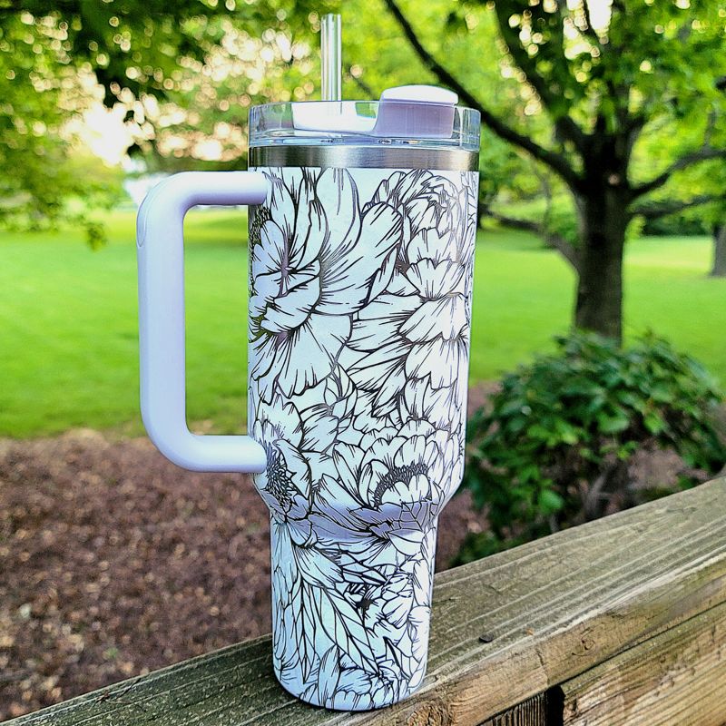 Peony Stanley, **FREE KEYCHAIN, Engraved 40 oz Tumbler, Engraved Stanley, Full Wrap, Peonies, Personalized Stanley (30oz Fog H2.0, Peony)