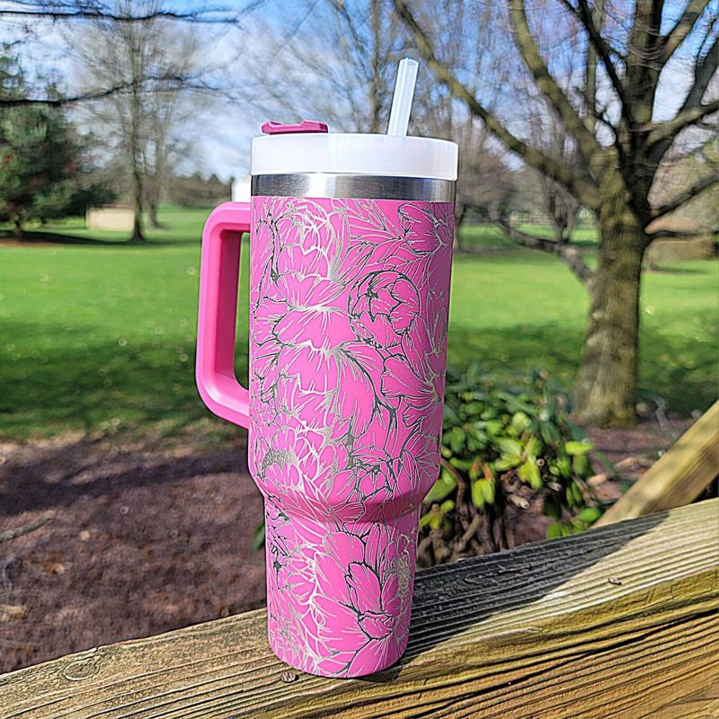 Peony Stanley, **FREE KEYCHAIN, Engraved 40 oz Tumbler, Engraved Stanley, Full Wrap, Peonies, Personalized Stanley (30oz Fog H2.0, Peony)
