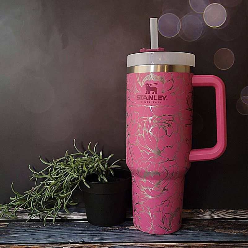 Peony Stanley, **FREE KEYCHAIN, Engraved 40 oz Tumbler, Engraved Stanley, Full Wrap, Peonies, Personalized Stanley (30oz Fog H2.0, Peony)