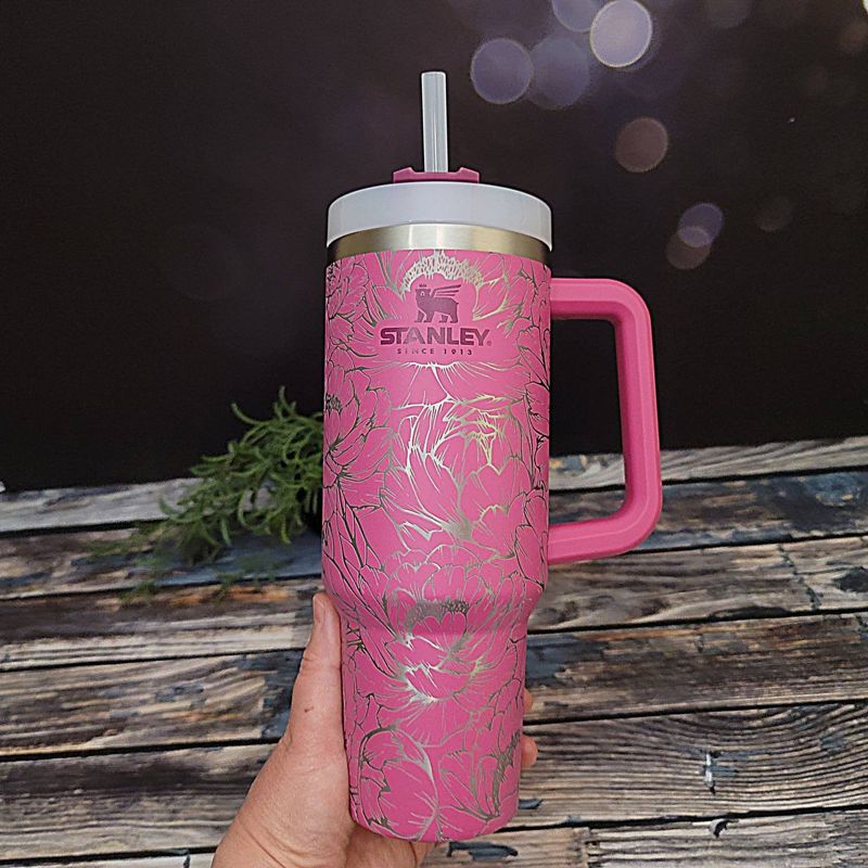 Peony Stanley, **FREE KEYCHAIN, Engraved 40 oz Tumbler, Engraved Stanley, Full Wrap, Peonies, Personalized Stanley (30oz Fog H2.0, Peony)