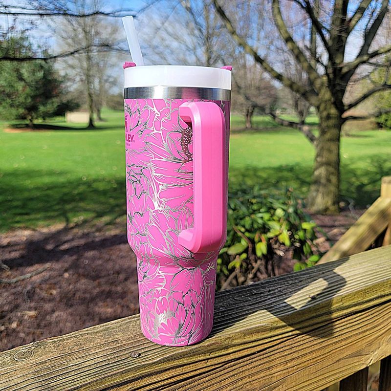 Peony Stanley, **FREE KEYCHAIN, Engraved 40 oz Tumbler, Engraved Stanley, Full Wrap, Peonies, Personalized Stanley (30oz Fog H2.0, Peony)