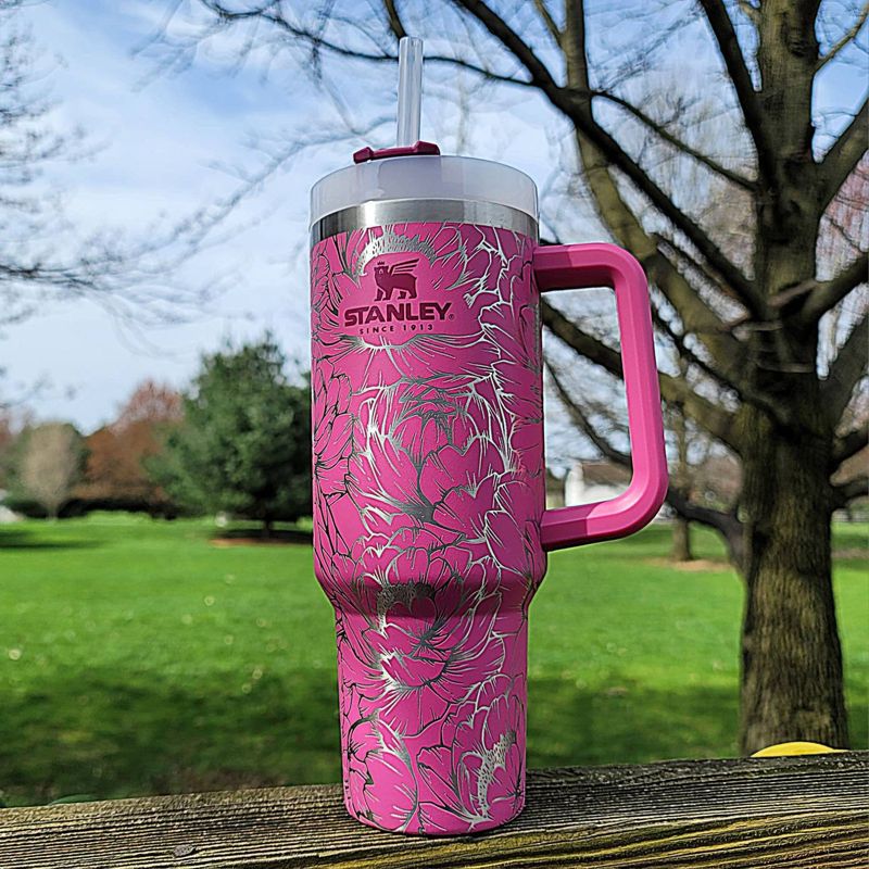 Peony Stanley, **FREE KEYCHAIN, Engraved 40 oz Tumbler, Engraved Stanley, Full Wrap, Peonies, Personalized Stanley (30oz Fog H2.0, Peony)
