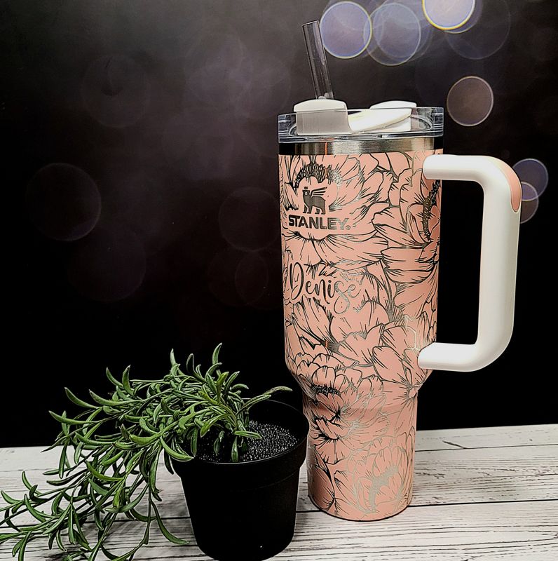 Peony Stanley, **FREE KEYCHAIN, Engraved 40 oz Tumbler, Engraved Stanley, Full Wrap, Peonies, Personalized Stanley (30oz Fog H2.0, Peony)