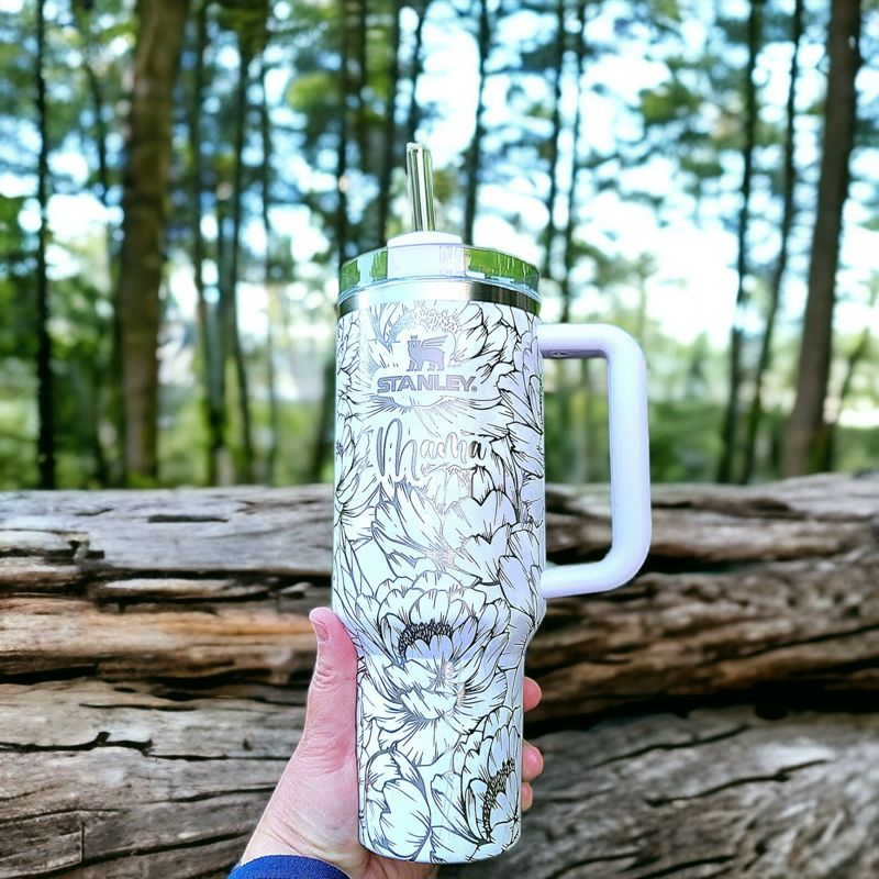 Peony Stanley, **FREE KEYCHAIN, Engraved 40 oz Tumbler, Engraved Stanley, Full Wrap, Peonies, Personalized Stanley (30oz Fog H2.0, Peony)
