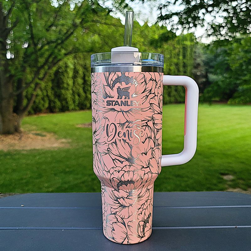 Peony Stanley, **FREE KEYCHAIN, Engraved 40 oz Tumbler, Engraved Stanley, Full Wrap, Peonies, Personalized Stanley (30oz Fog H2.0, Peony)