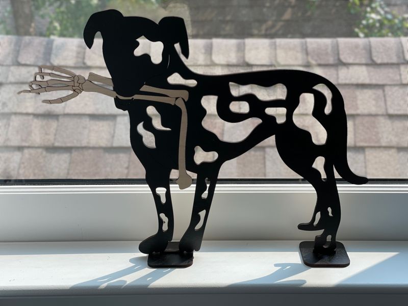Playful Dog with Bone Window Sitter: A Bone-Chilling Halloween Delight!