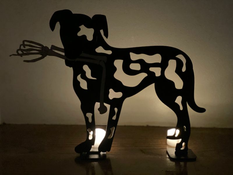 Playful Dog with Bone Window Sitter: A Bone-Chilling Halloween Delight!